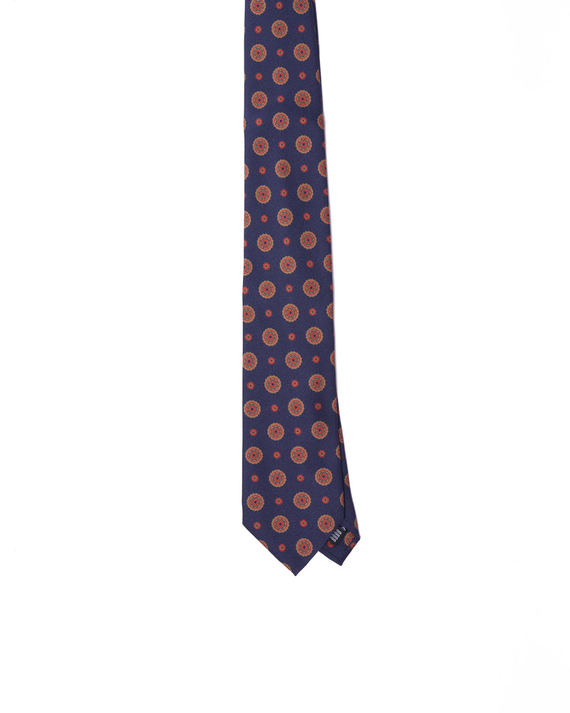 Tie - 3 Fold - Printed silk - Navy blue with yellow medallion motif