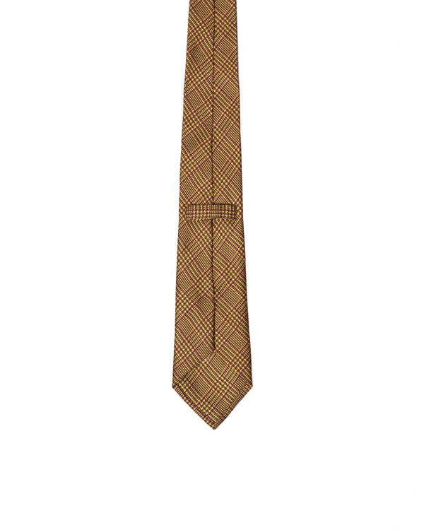 Tie - 3 Fold - Printed silk - Yellow with burgundy glen plaid