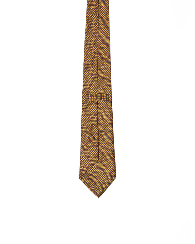 Tie - 3 Fold - Printed silk - Yellow with burgundy glen plaid