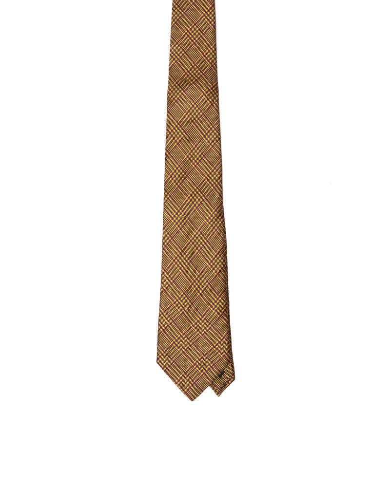 Tie - 3 Fold - Printed silk - Yellow with burgundy glen plaid