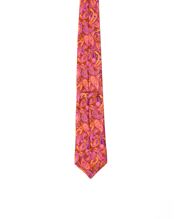 Tie - 4 Folded - Printed silk - Orange psychedelic gingham