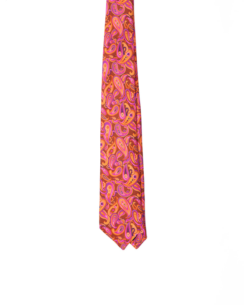 Tie - 4 Folded - Printed silk - Orange psychedelic gingham