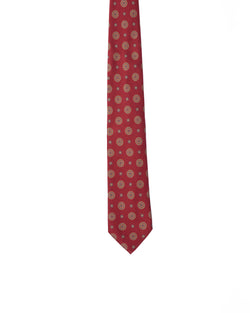 Tie - 3 Fold - Printed silk - Red with yellow medallion motif