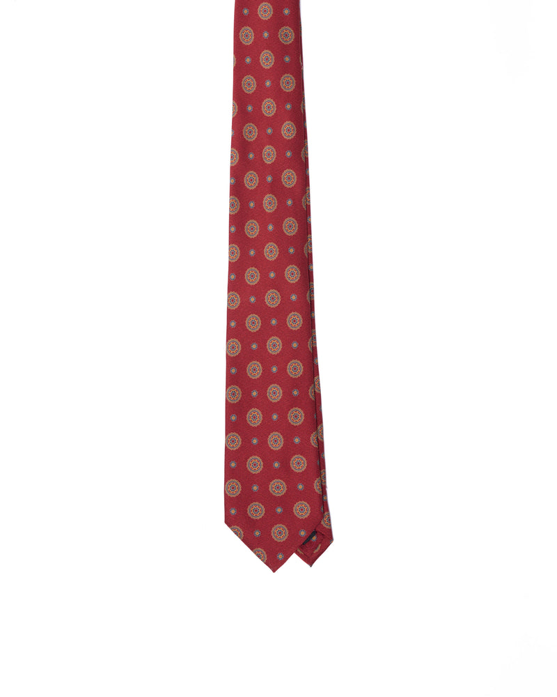 Tie - 3 Fold - Printed silk - Red with yellow medallion motif