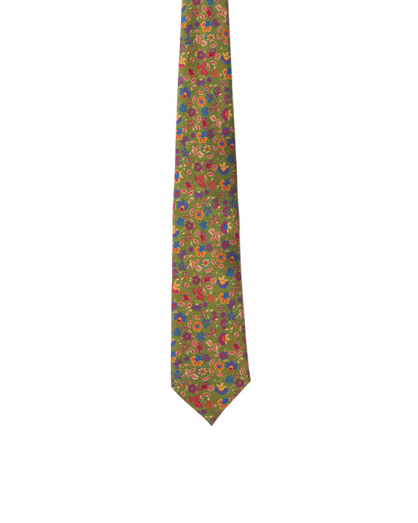 Tie - 3 Fold - Printed silk - Light green with floral motif