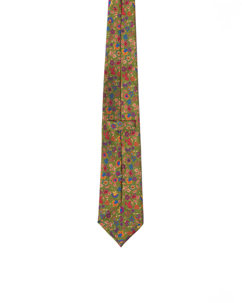 Tie - 3 Fold - Printed silk - Light green with floral motif