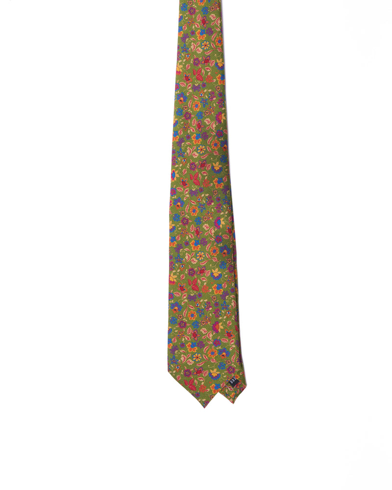 Tie - 3 Fold - Printed silk - Light green with floral motif