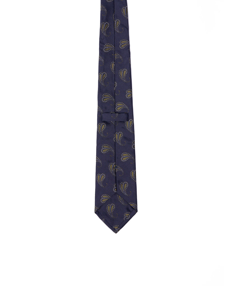 Tie - 3 Fold - Jacquard silk - Navy blue with olive motif