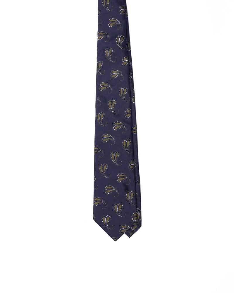 Tie - 3 Fold - Jacquard silk - Navy blue with olive motif