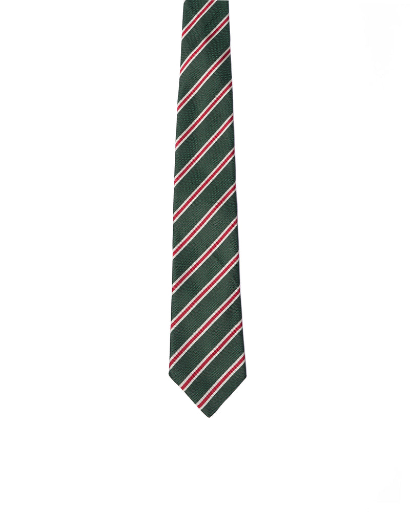 Tie - 3 Fold - Grenadine silk - Green with red and white stripe