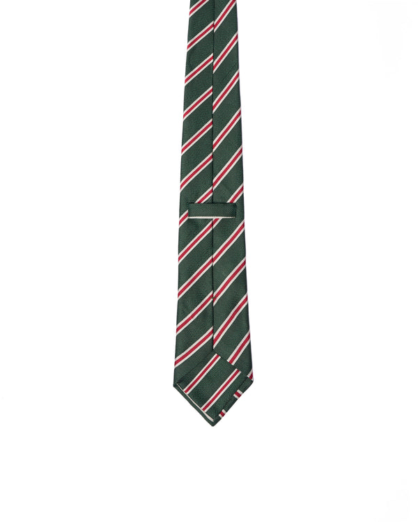 Tie - 3 Fold - Grenadine silk - Green with red and white stripe