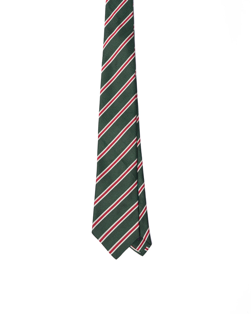 Tie - 3 Fold - Grenadine silk - Green with red and white stripe