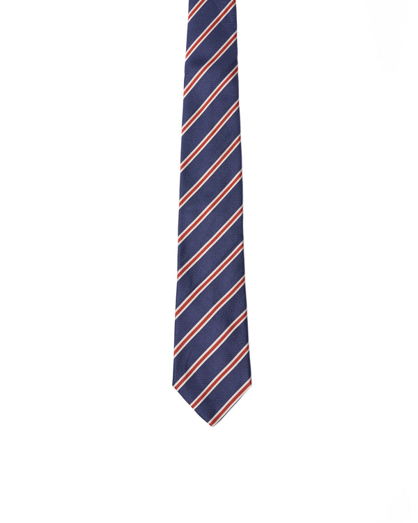 Tie - 3 Fold - Grenadine silk - Navy blue with red and white stripe