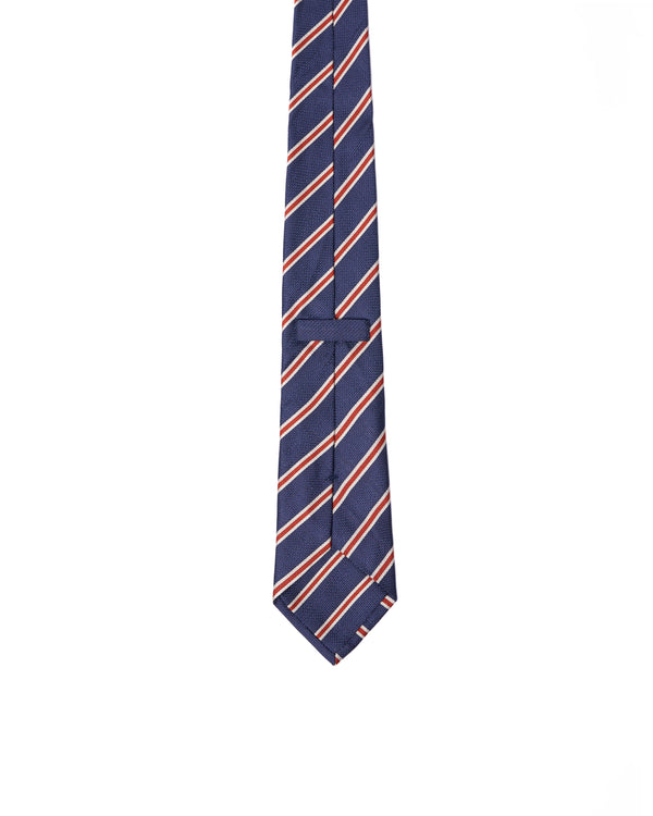 Tie - 3 Fold - Grenadine silk - Navy blue with red and white stripe