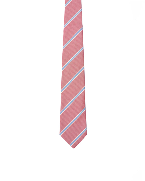 Tie - 3 Fold- Jacquard silk - Red with blue and white stripe