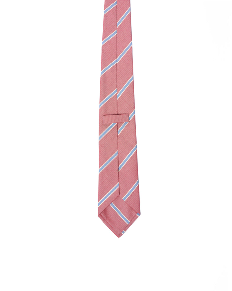 Tie - 3 Fold- Jacquard silk - Red with blue and white stripe