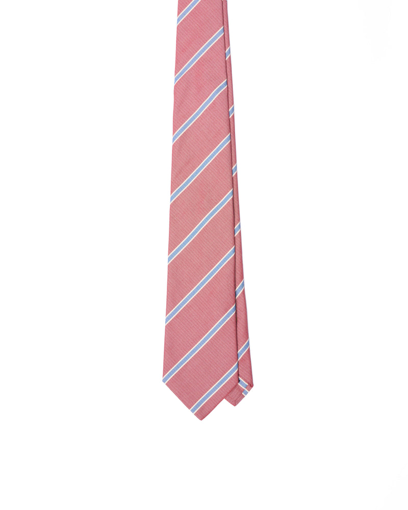 Tie - 3 Fold- Jacquard silk - Red with blue and white stripe