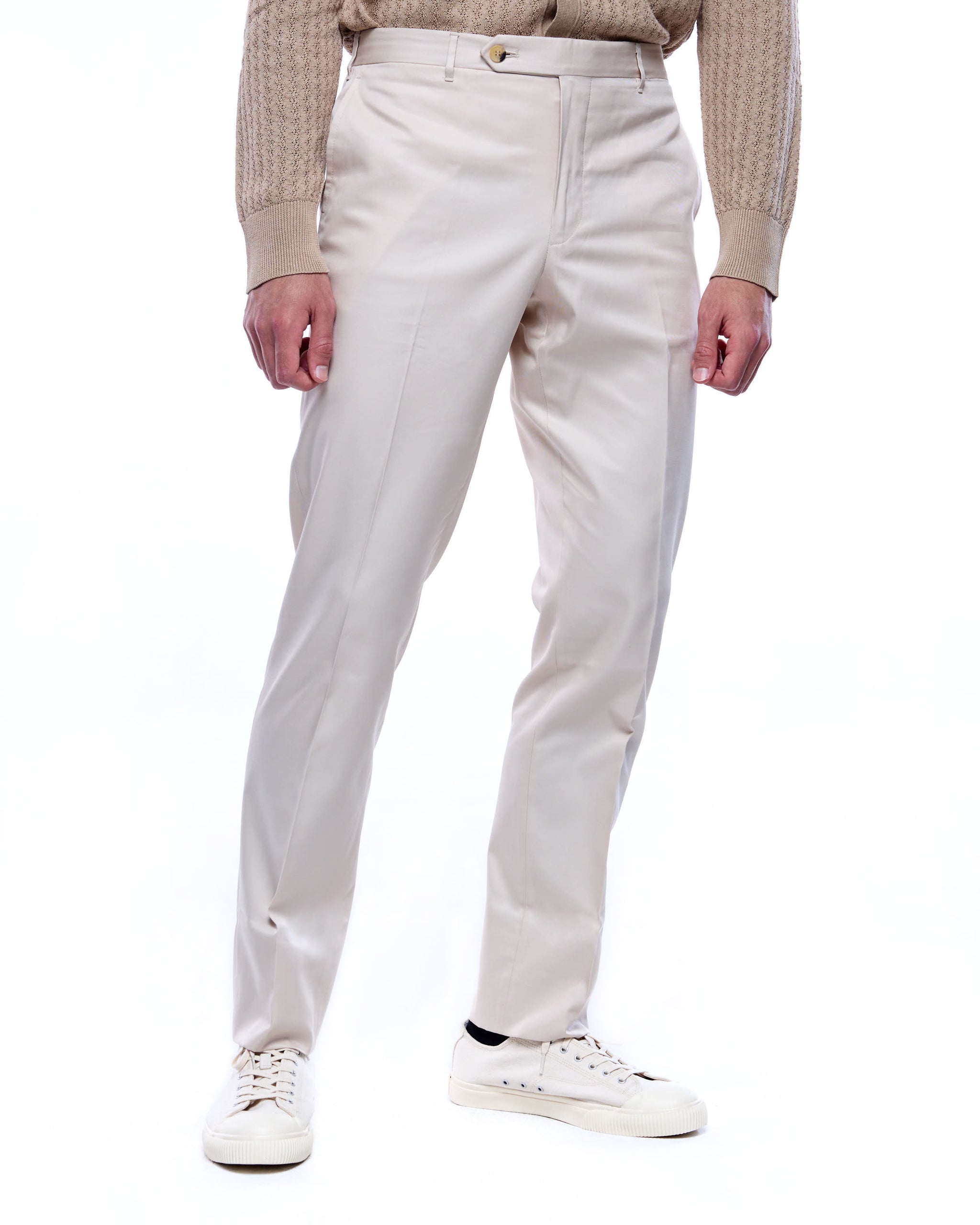 Cotton twill - Flat front trousers - Ivory