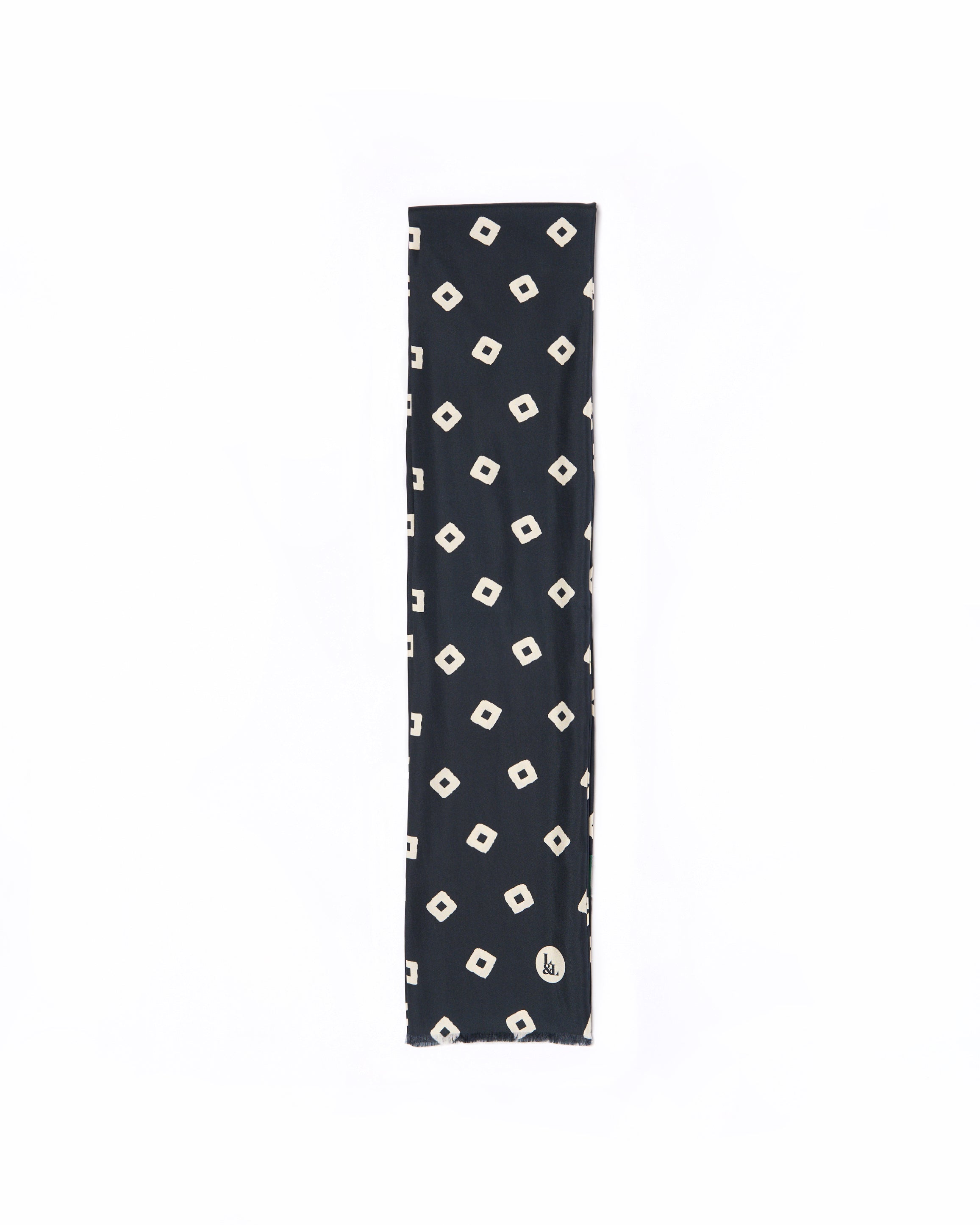 Scarf - silk -  Navy blue with offwhite square motif