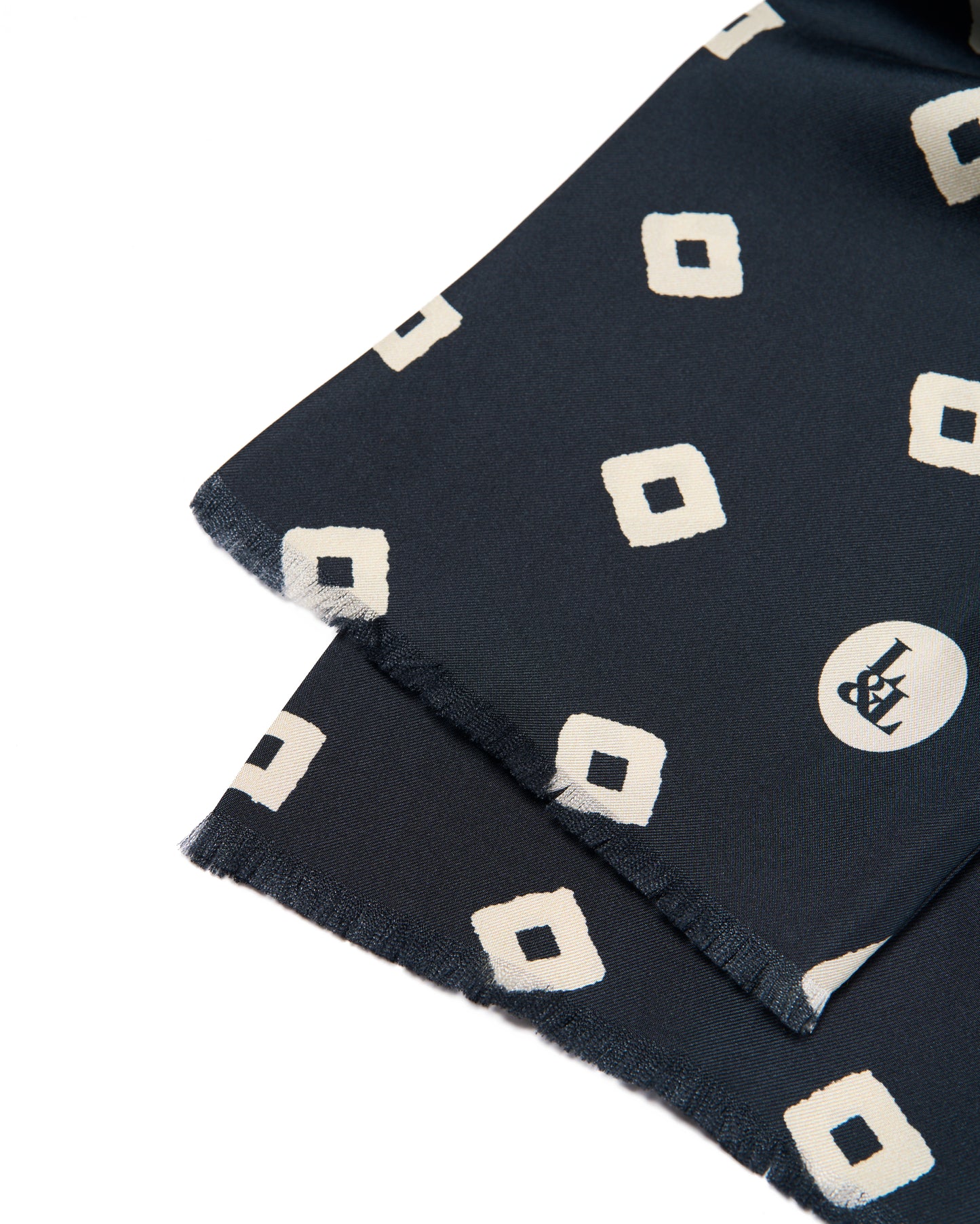 Scarf - silk -  Navy blue with offwhite square motif