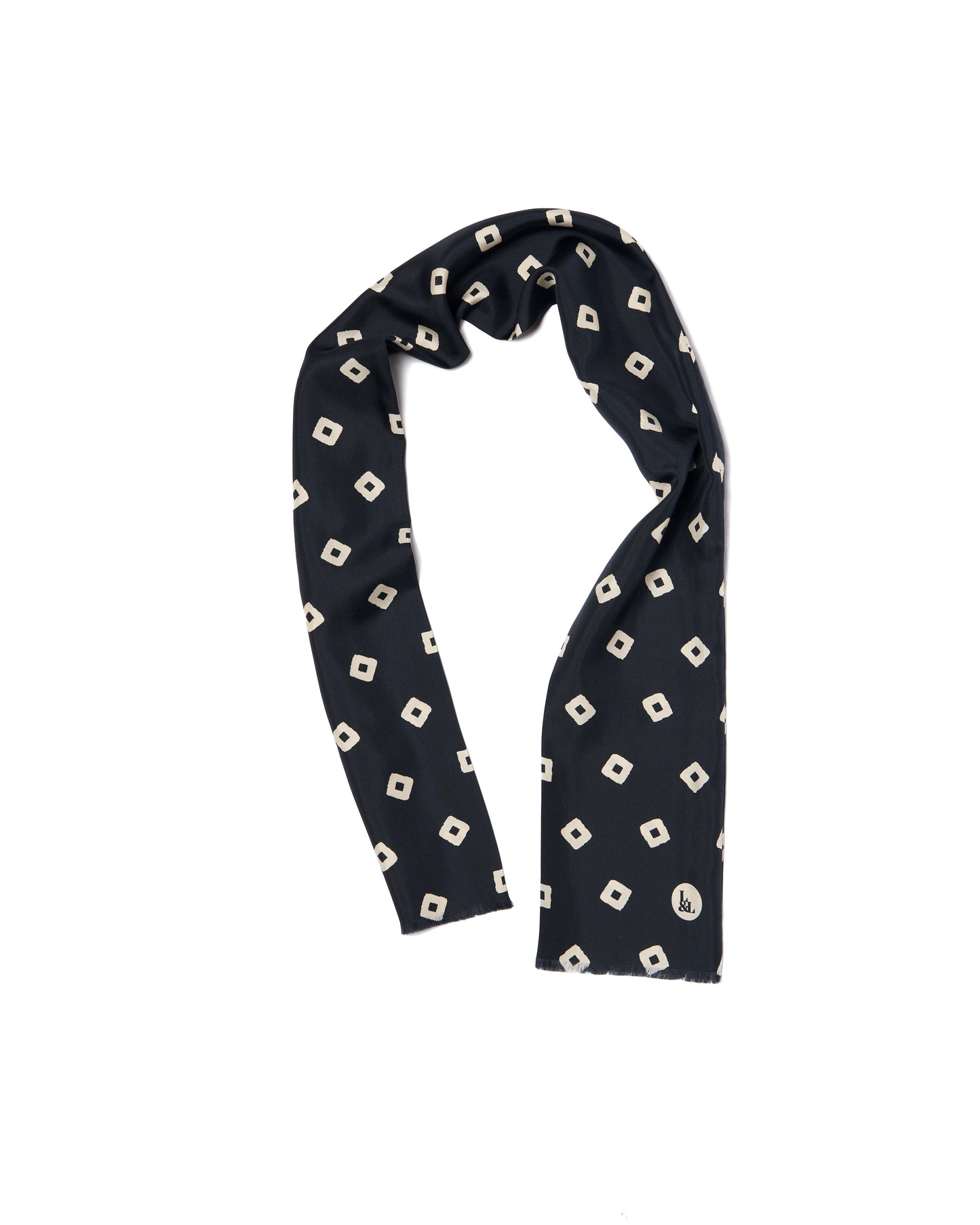 Scarf - silk -  Navy blue with offwhite square motif