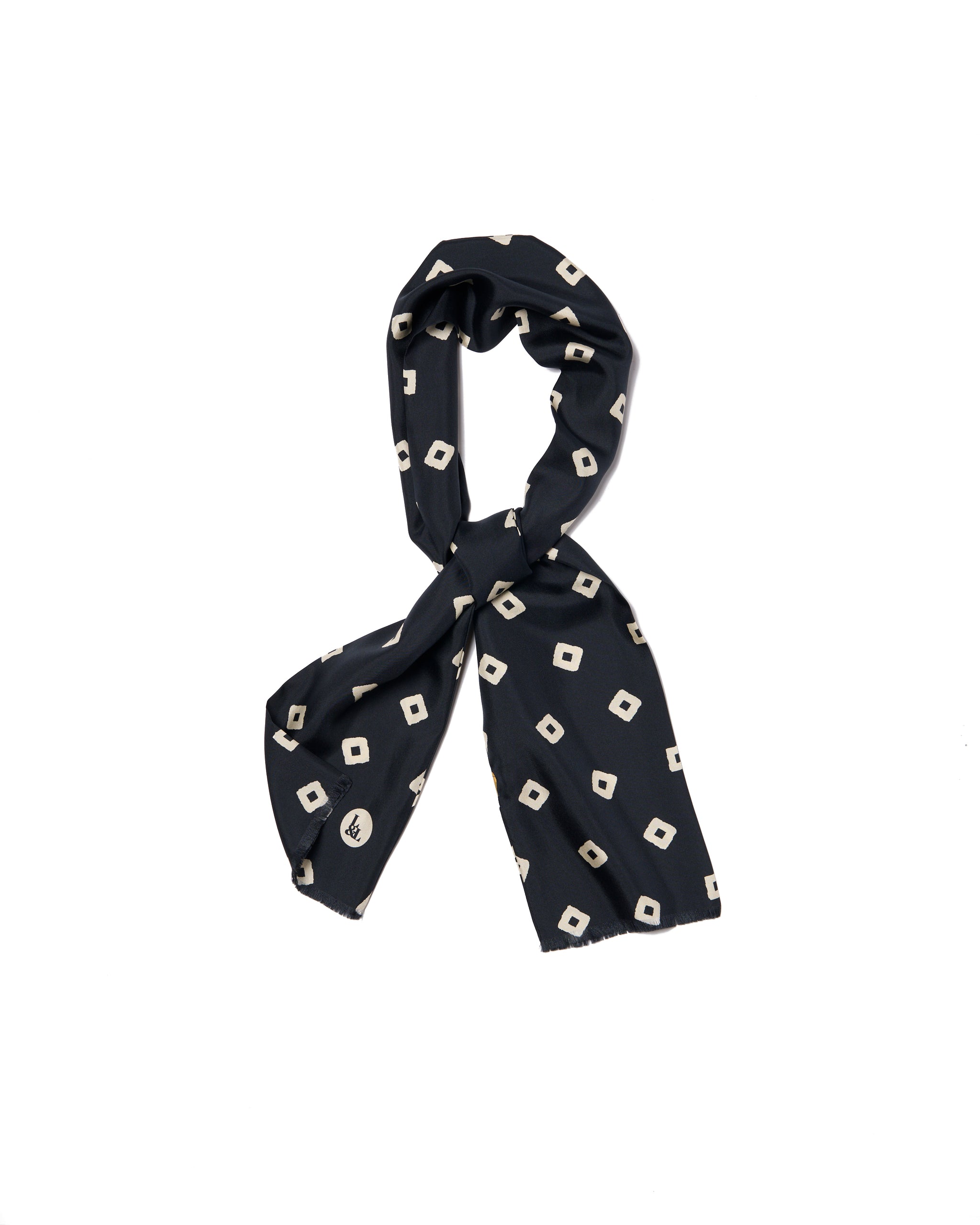 Scarf - silk -  Navy blue with offwhite square motif