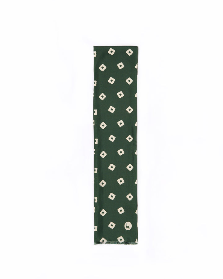 Scarf - silk -  Green with off-white square motif