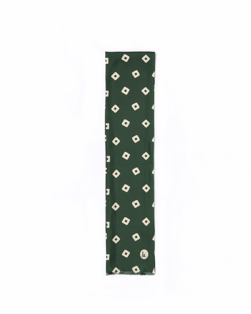 Scarf - silk -  Green with off-white square motif