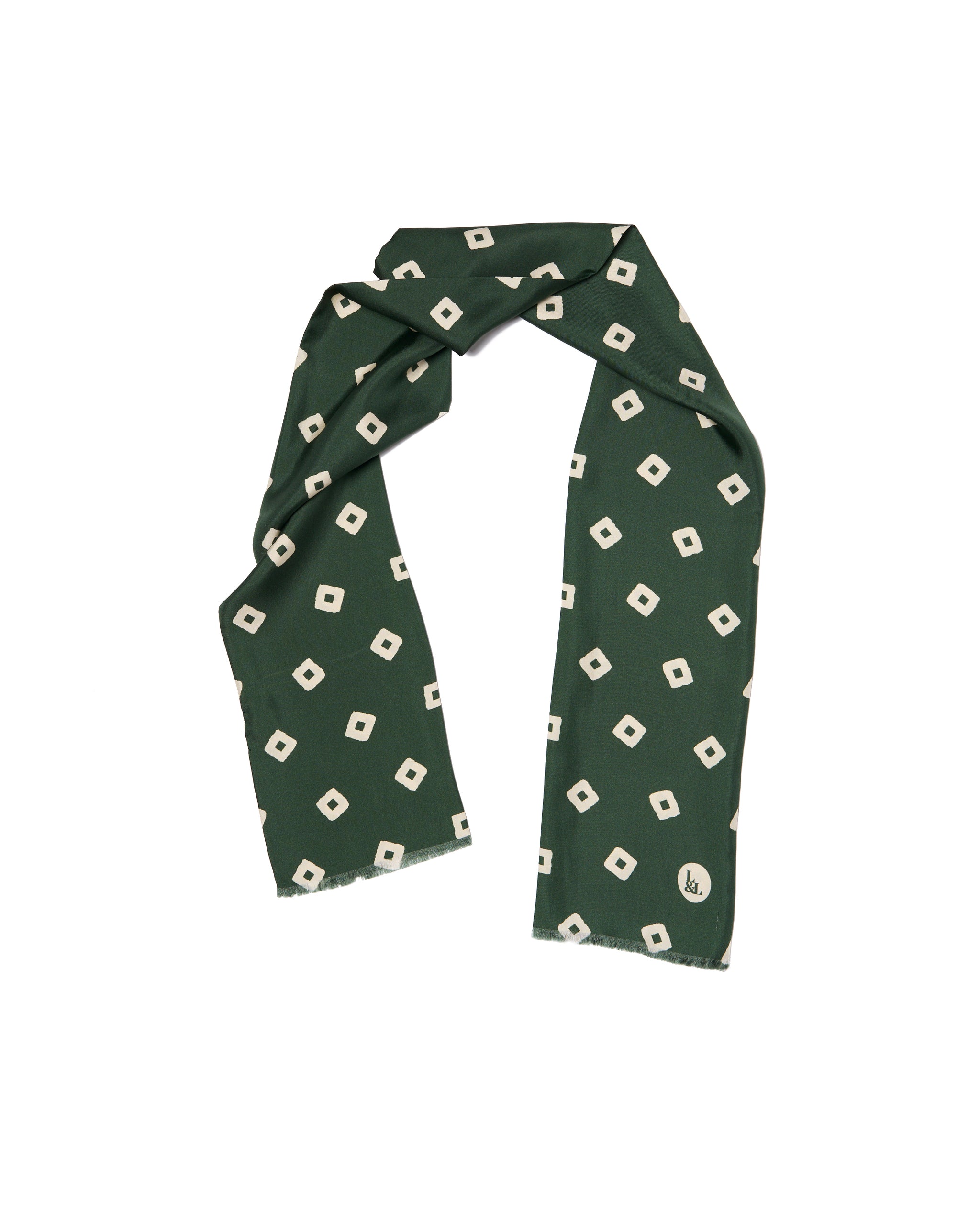 Scarf - silk -  Green with off-white square motif