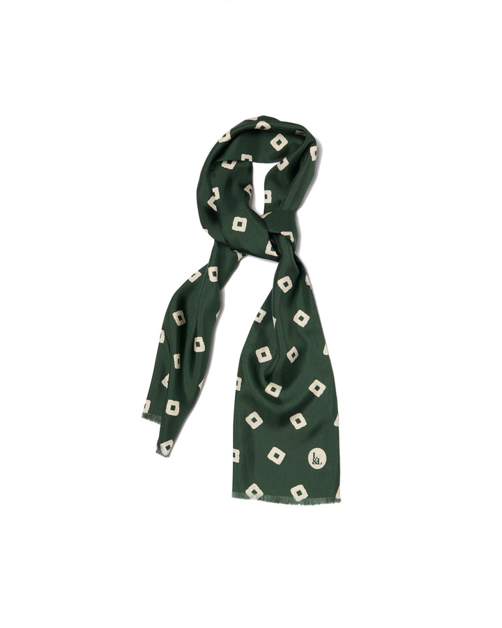 Scarf - silk -  Green with off-white square motif