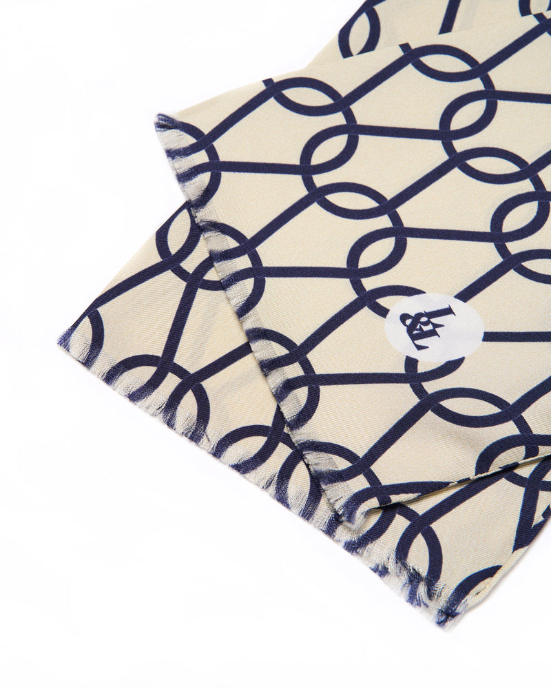 Scarf - silk -  Offwhite with blue spring pattern