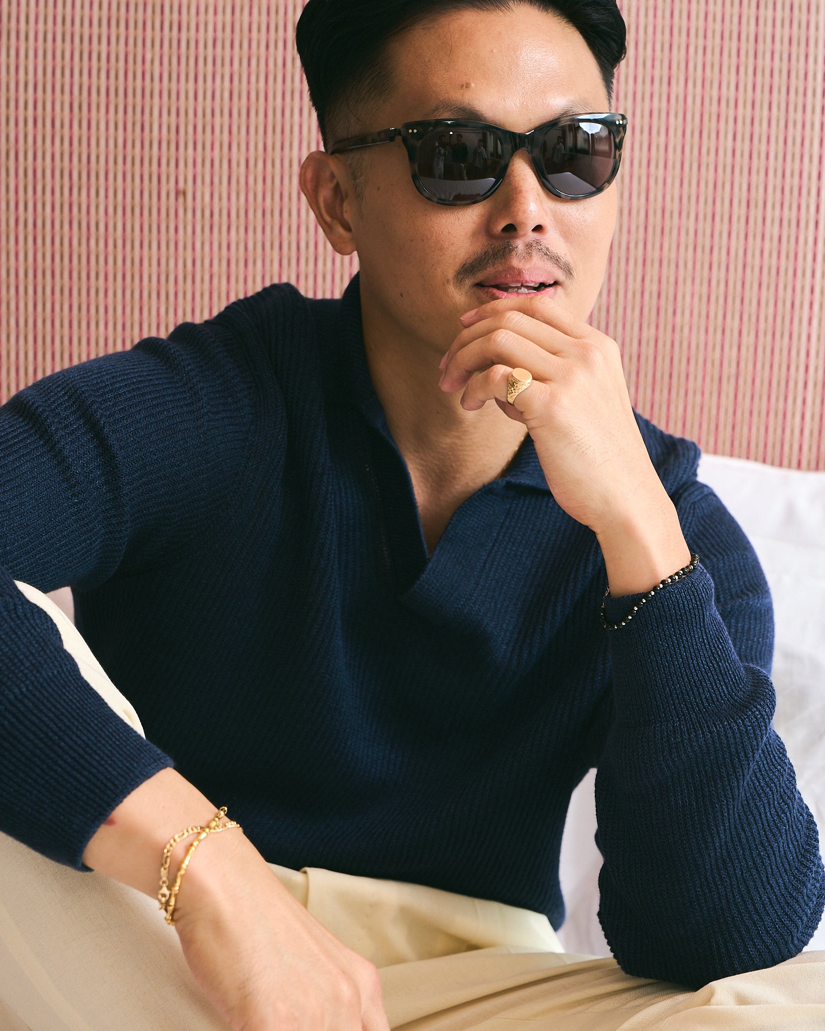 Knitted rib stitch linen and cotton polo - Navy blue