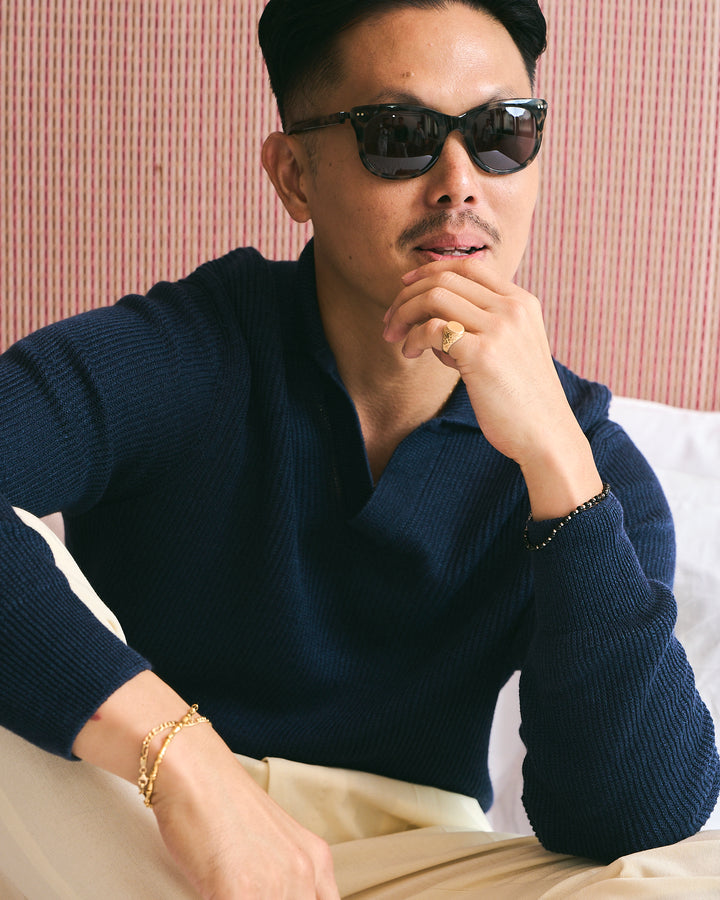 Knitted rib stitch linen and cotton polo - Navy blue