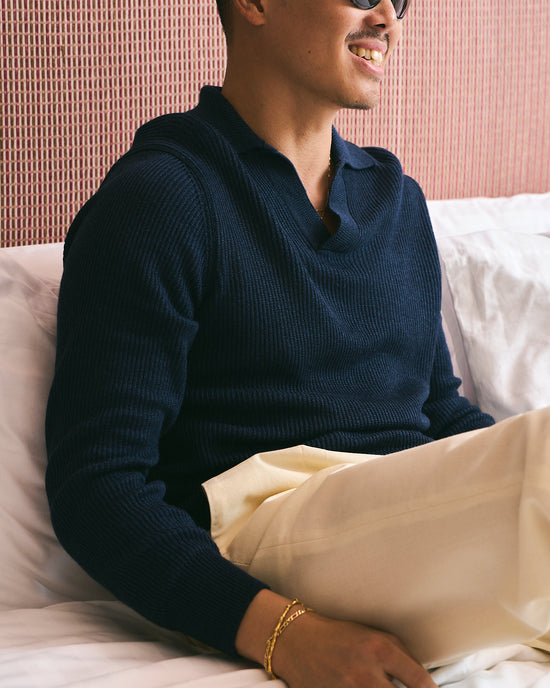 Knitted rib stitch linen and cotton polo - Navy blue
