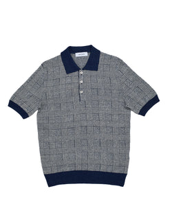 Knitted linen and silk polo - Glen plaid Navy/white