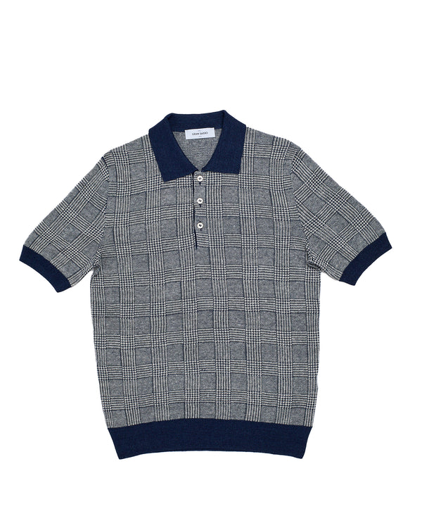 Knitted linen and silk polo - Glen plaid Navy/white