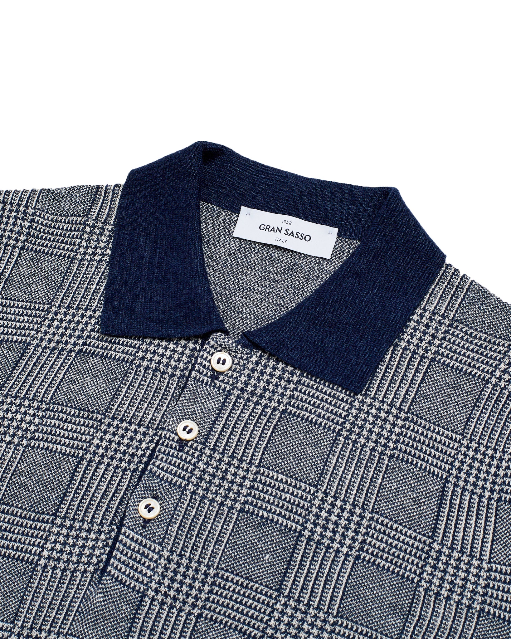 Knitted linen and silk polo - Glen plaid Navy/white