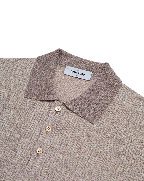 Knitted linen and silk polo - Glen plaid Brown/white