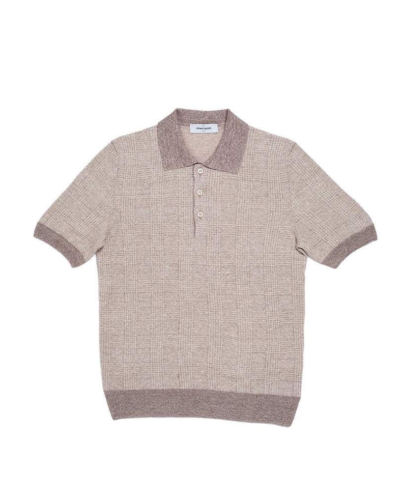 Knitted linen and silk polo - Glen plaid Brown/white