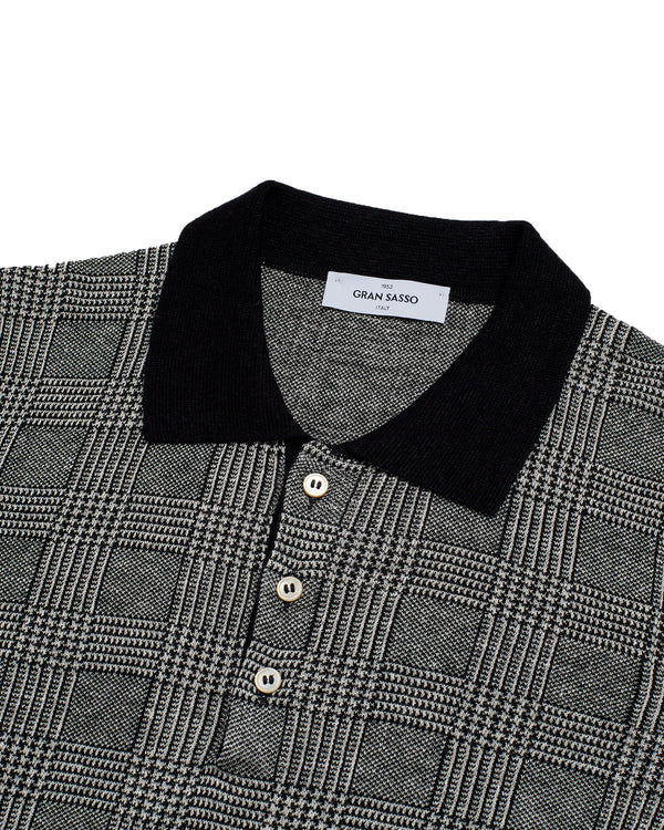 Knitted linen and silk polo - Glen plaid Black/white