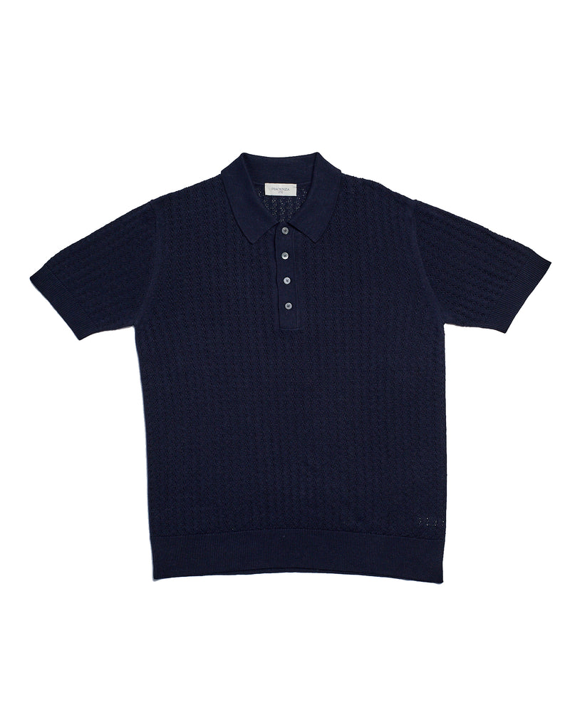 Knitted polo cable rib stitch - Navy - silk/linen