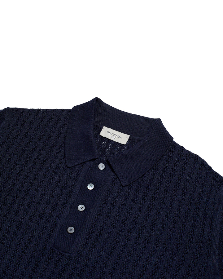 Knitted polo cable rib stitch - Navy - silk/linen