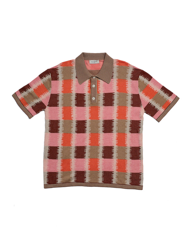 Knitted polo Plaid jacquard - Orange pink - cotton