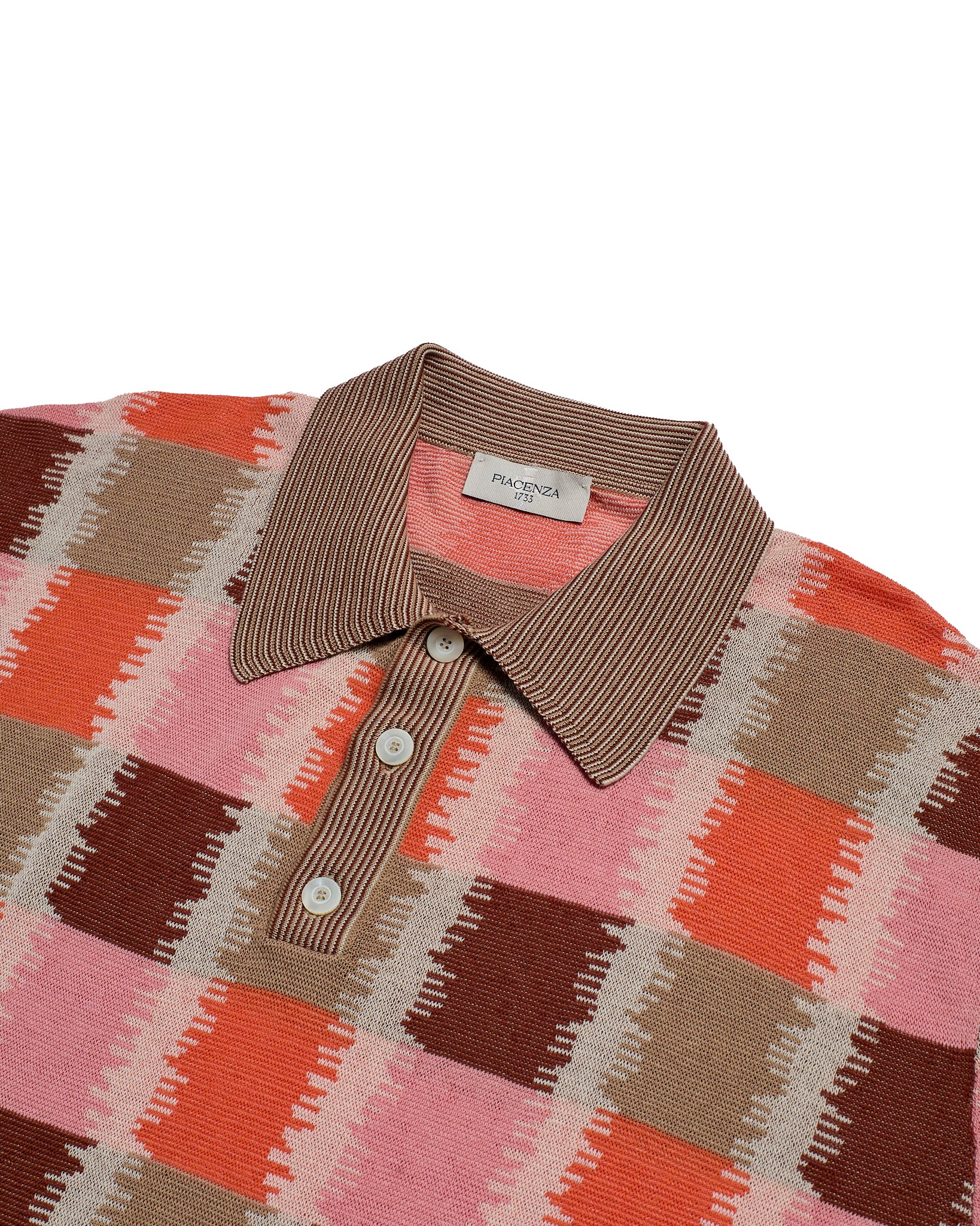 Knitted polo Plaid jacquard - Orange pink - cotton