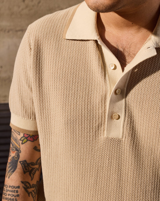 Knitted polo two tone fish stitch - Brown and beige - cotton