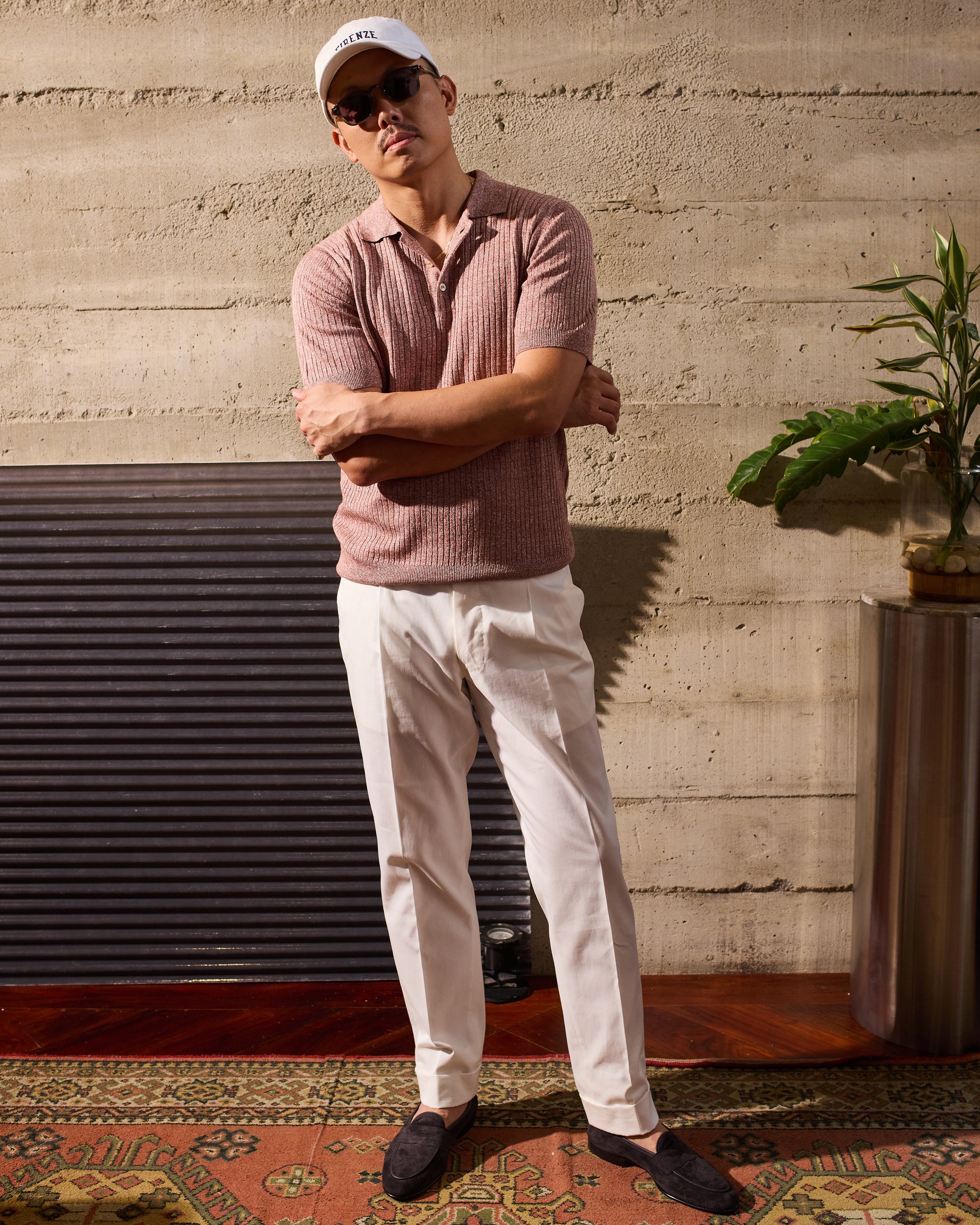 Knitted ribbed linen and cotton polo - Melange red
