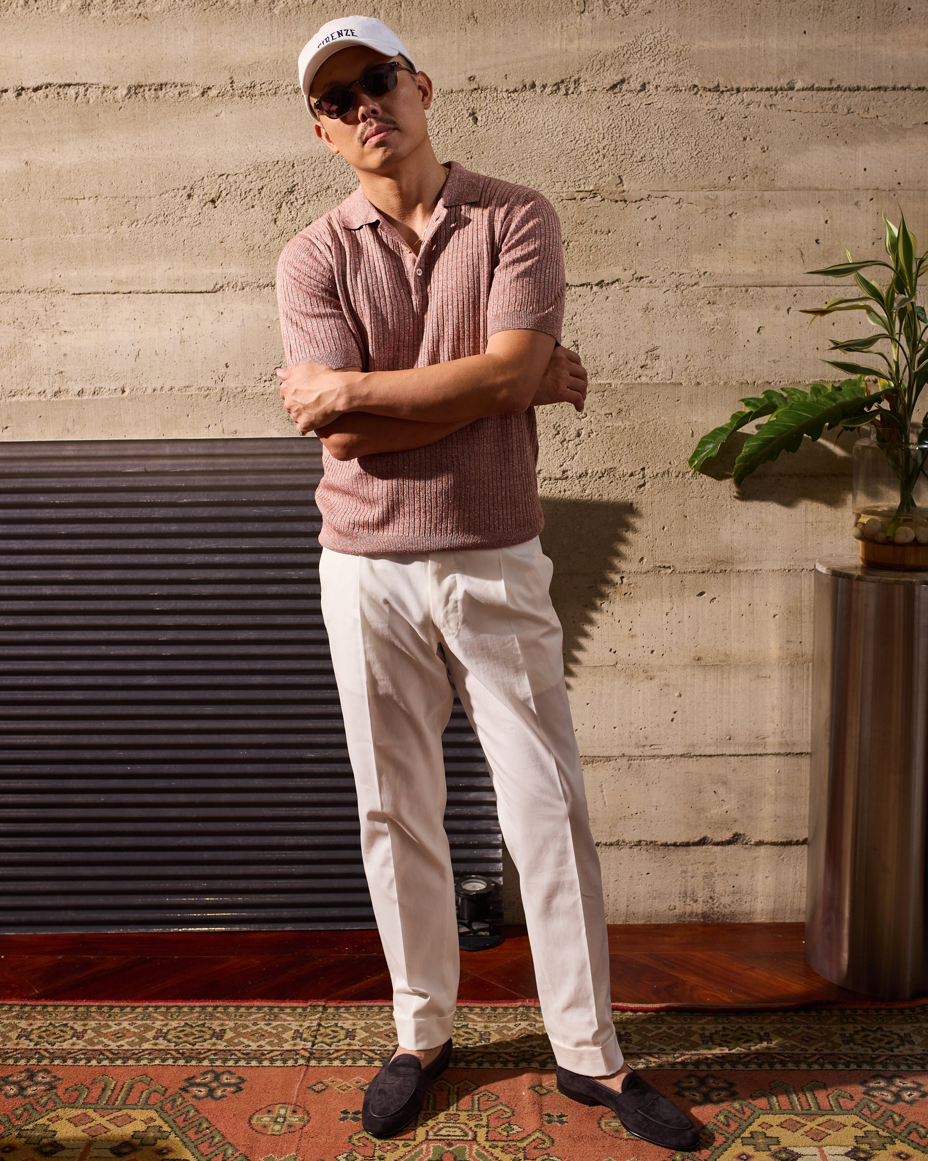 Knitted ribbed linen and cotton polo - Melange red