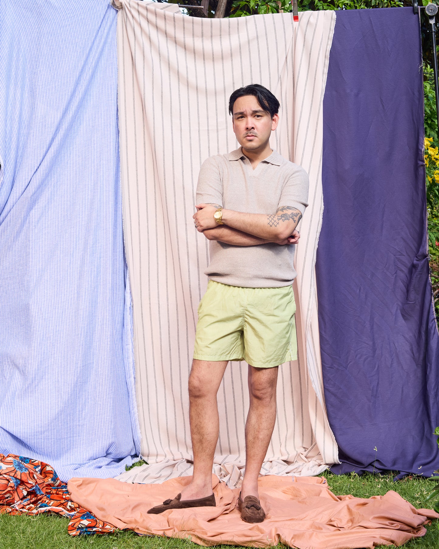 Knitted rice stitch linen and cotton skipper polo - Melange beige