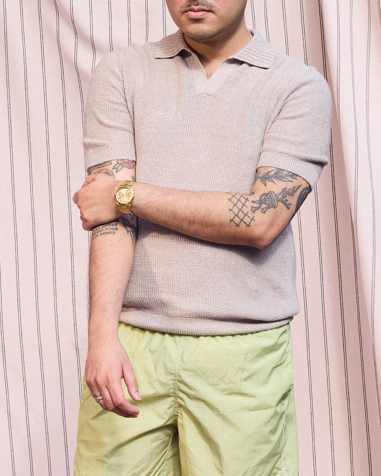 Knitted rice stitch linen and cotton skipper polo - Melange beige