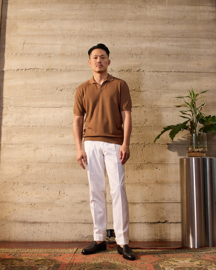 Knitted zigzag silk and cotton polo - Brown